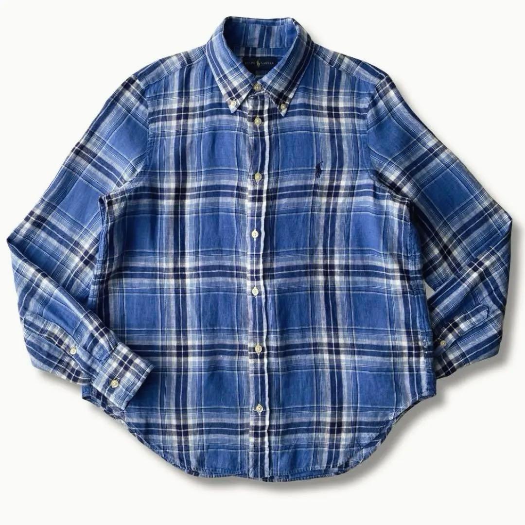 現行 ラルフローレン ブルー マドラス チェック リネン 長袖 BDシャツ