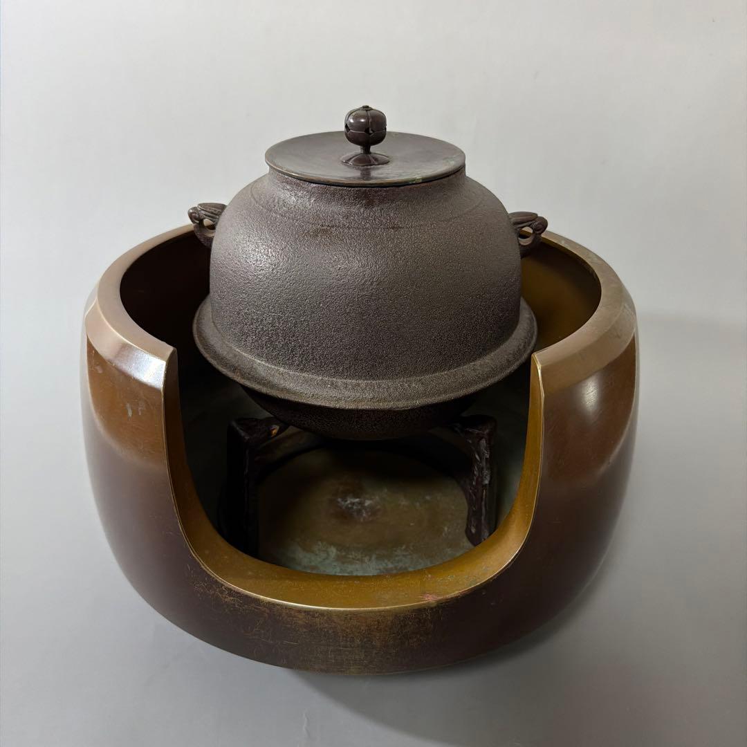 茶道具 唐銅 面取風炉 羽付 真形釜 虫喰五徳 セット 高橋敬典 五徳