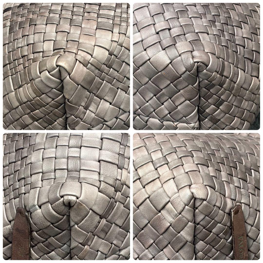 美品 ファロルニ 編み込み トートバッグ オールレザー A4 ハンド 灰