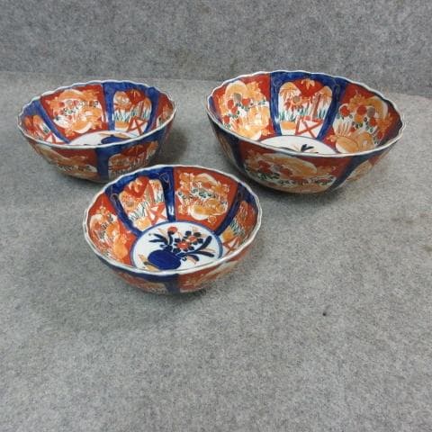 伊万里 色絵 錦手 三つ鉢 [B24006] 花篭手 アンティーク 古玩 古美術 古伊万里金襴手 色絵獅子に宝珠文 鉢 一対 菓子器 江戸時代中後期頃