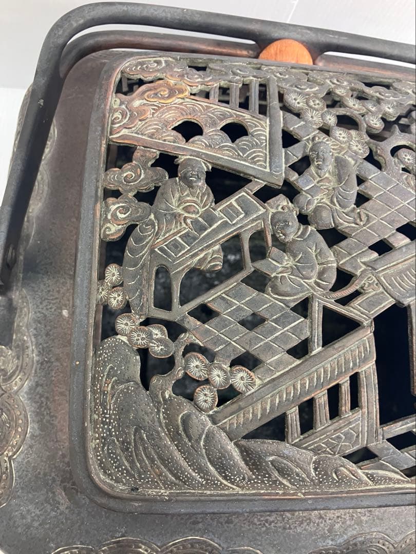 5.8kg重厚】大明宣徳年製刻印 大型 銅製手炉 浮彫 透かし蓋 香炉 骨董