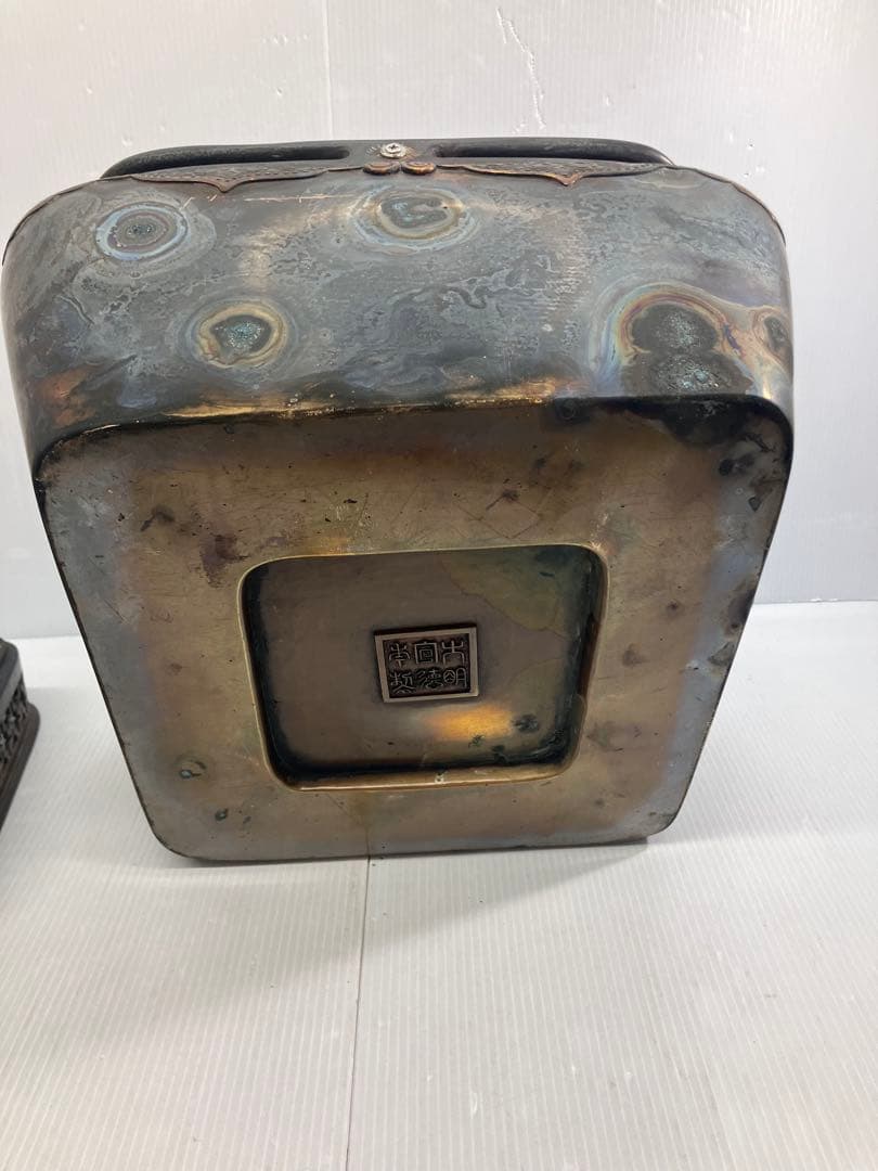 5.8kg重厚】大明宣徳年製刻印 大型 銅製手炉 浮彫 透かし蓋 香炉 骨董