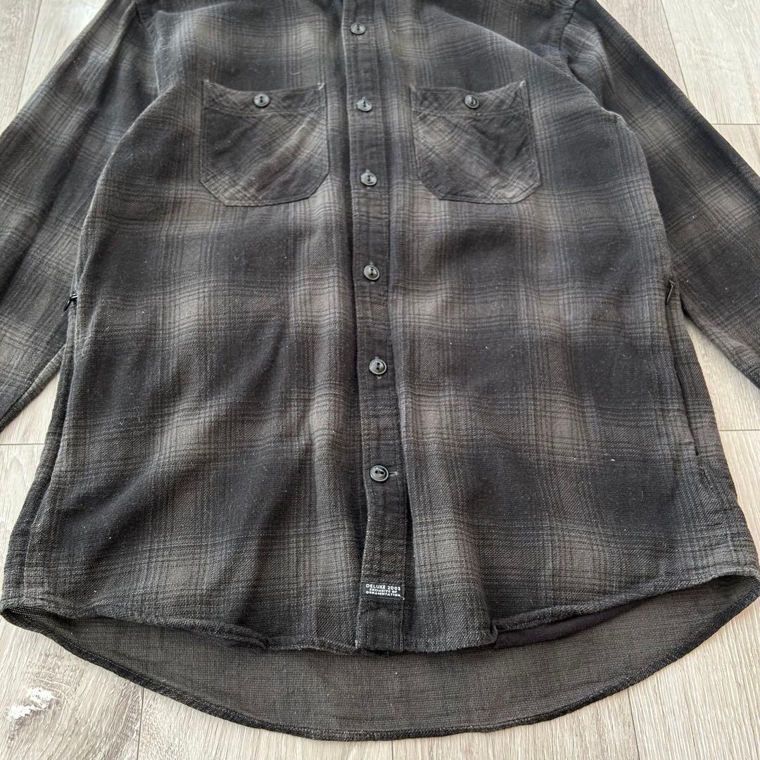 DELUXE デラックス オンブレチェックシャツ 長袖 黒 L サイドポケット