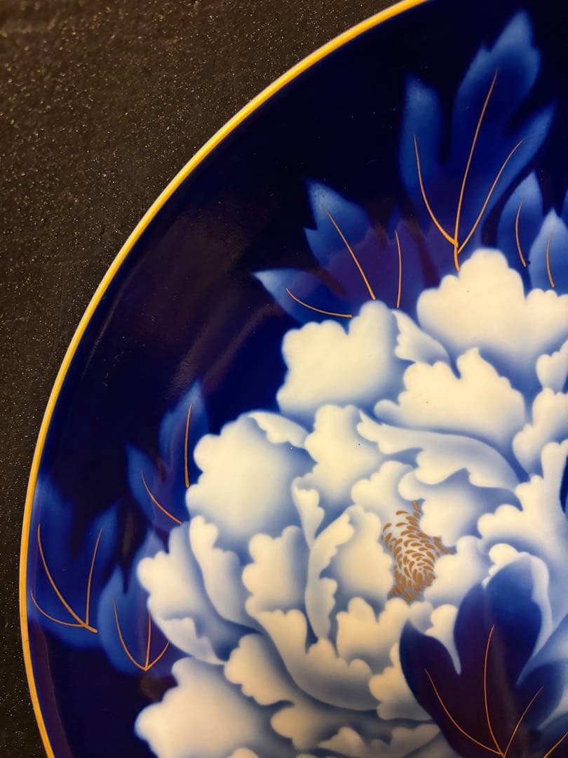 大人気　37.5cm 木箱付き　深川製磁 瑠璃牡丹　大皿 プレート 飾皿　希少