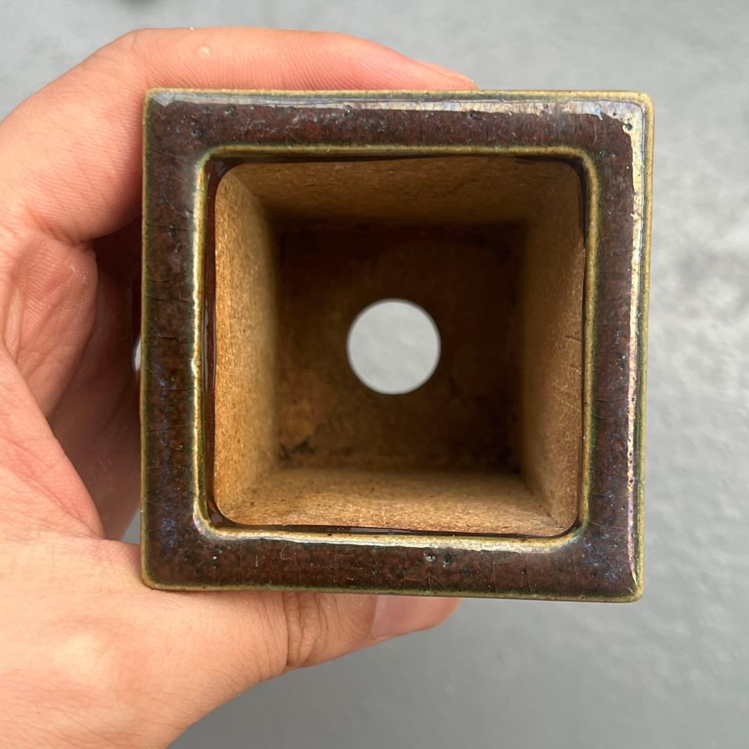 691.平安虹泉 辰砂釉雲足正方 盆栽鉢 植木鉢 6.5*6.5*7.6cm