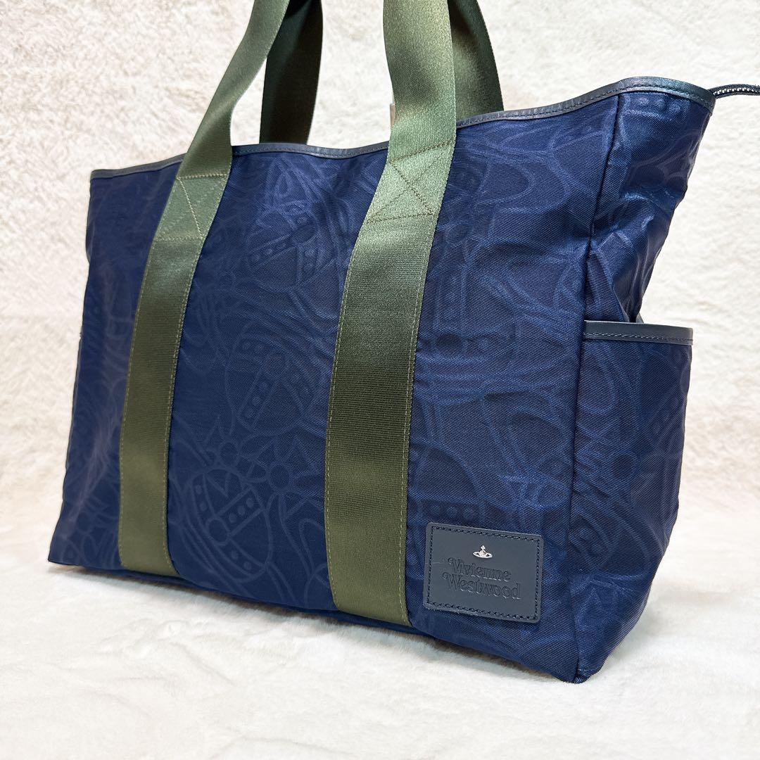 美品✨ ヴィヴィアンウエストウッド トートバッグ A4可 オーブ 総柄 ネイビー ヴィヴィアンウエストウッド トートバッグ ショッパー レディース