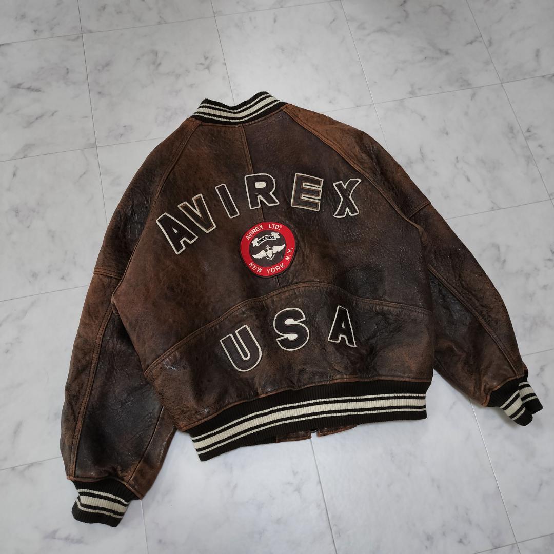 AVIREX オールレザー バーシティジャケット S レザースタジャン ブラウン AVIREX オールレザー バーシティジャケット S レザースタジャン