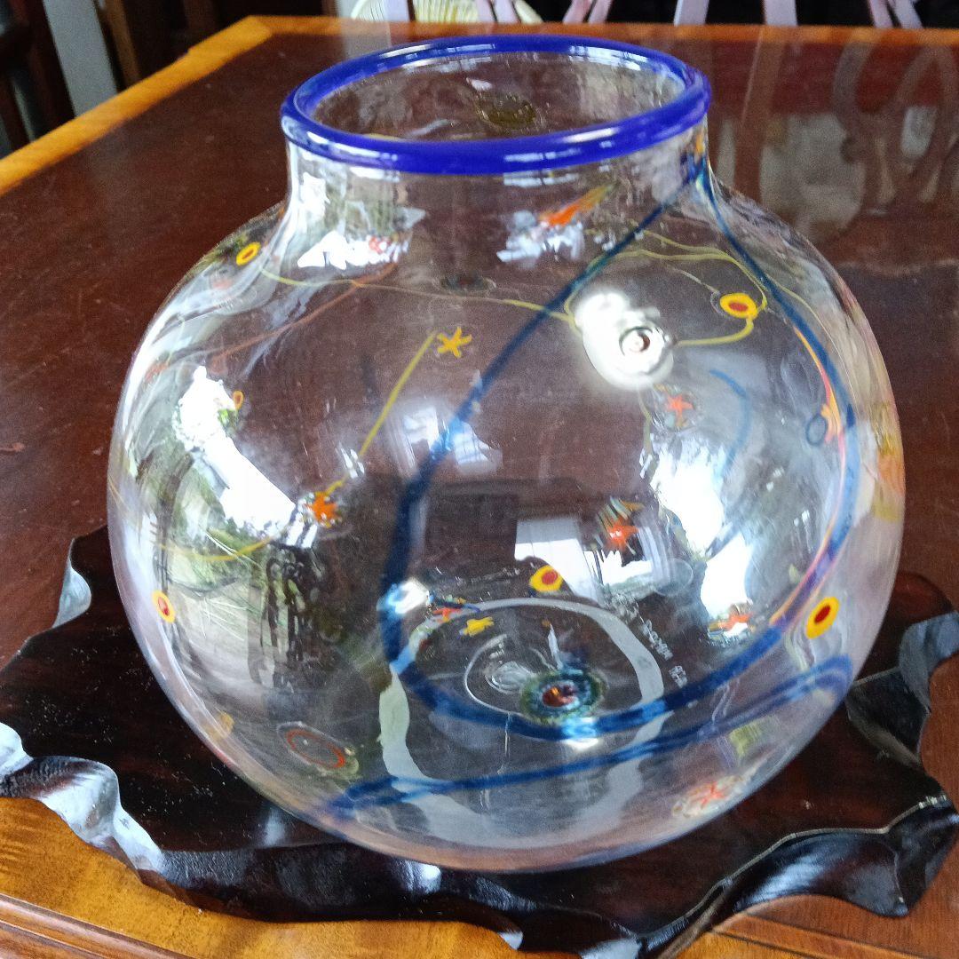 サイン入り　吹きガラス　 直径約20cm 吹きガラス 水口智貴 いぐさガラス ロックグラス 大 口径8.5×高10.5cm