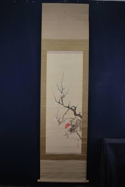 真作/春明/梅に南天図/光琳派/布袋屋掛軸B-407