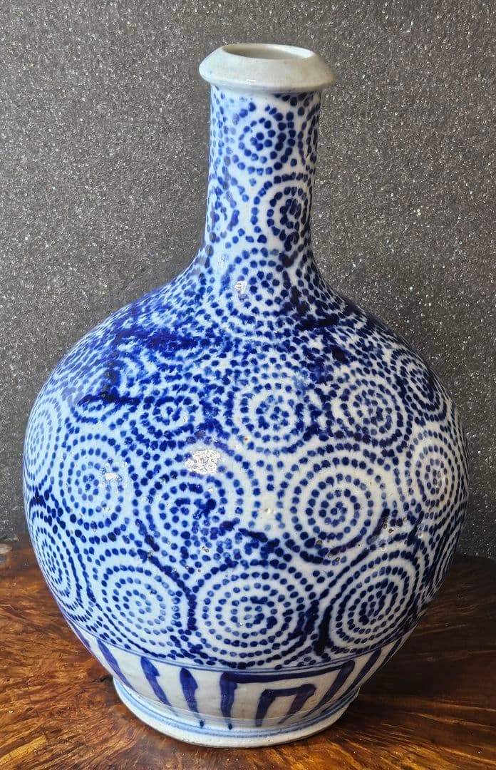 明治時代　東北民窯　会津本郷焼　 印判染付　たこ唐草文様　24.5cm　大徳利