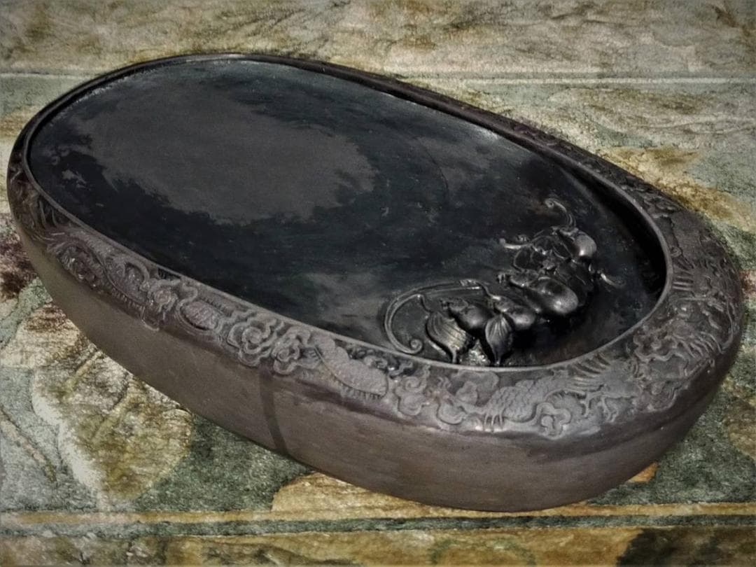 ♥中国　端渓　硯　双龍蝙蝠紋　大型　5.7ｋｇ　端渓硯　骨董品