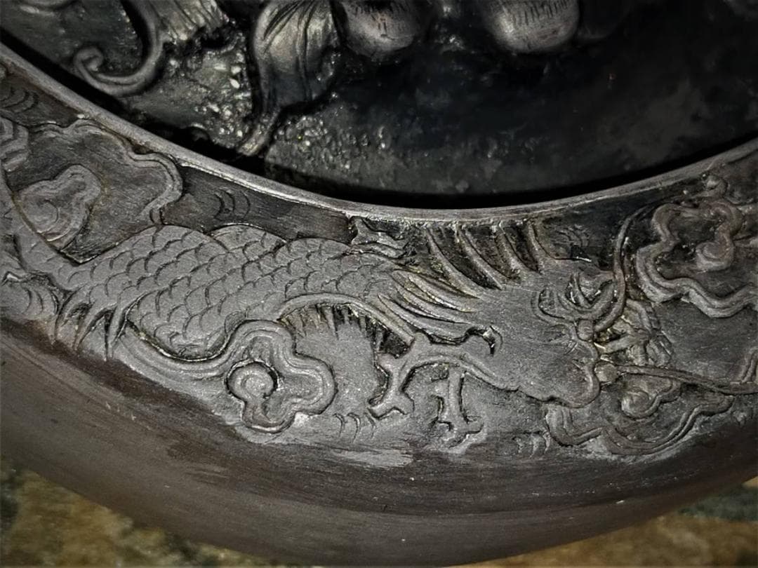 ♥中国　端渓　硯　双龍蝙蝠紋　大型　5.7ｋｇ　端渓硯　骨董品