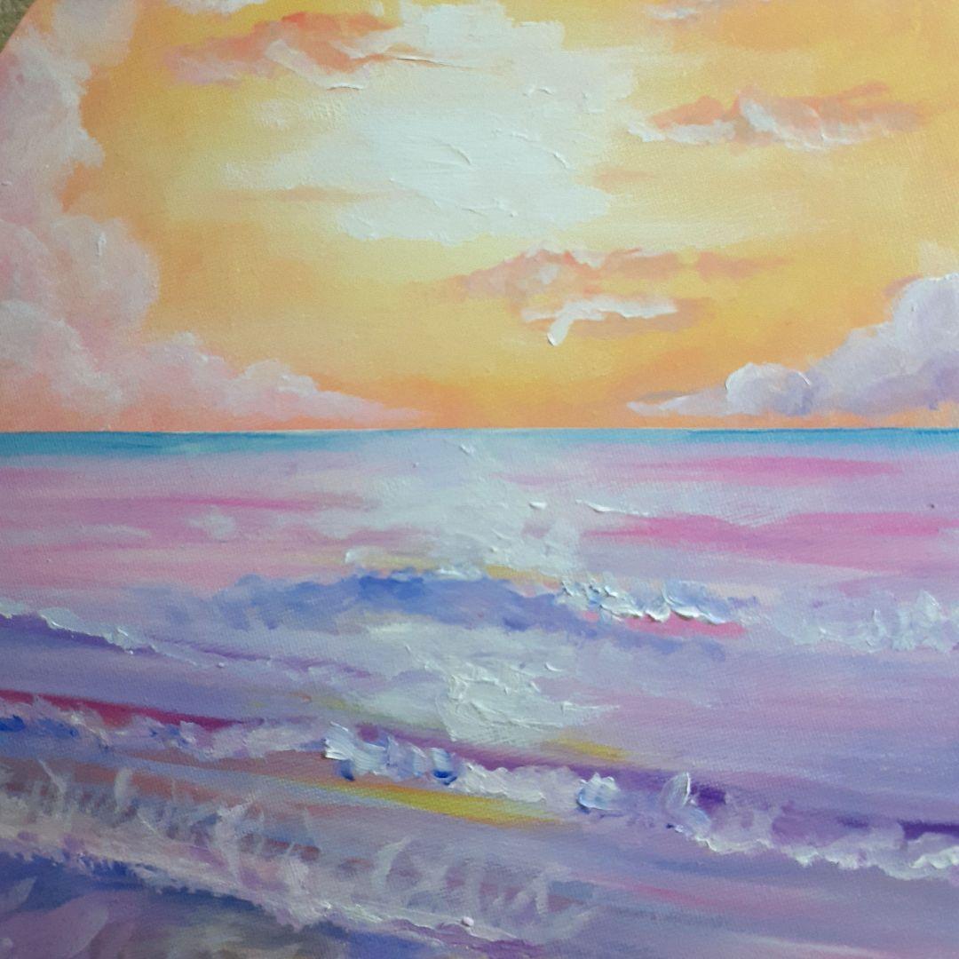 《素晴らしい日》油絵 油彩画 海 風景画 直径 40cm