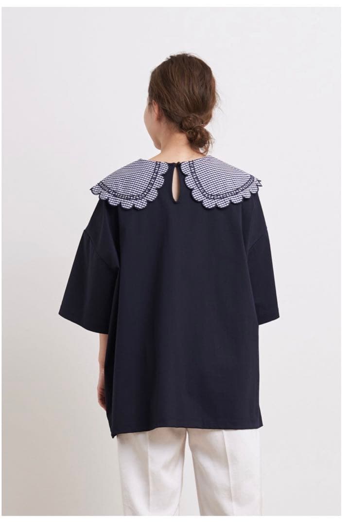 yori ギンガムスカラップカラーカットソー ネイビー