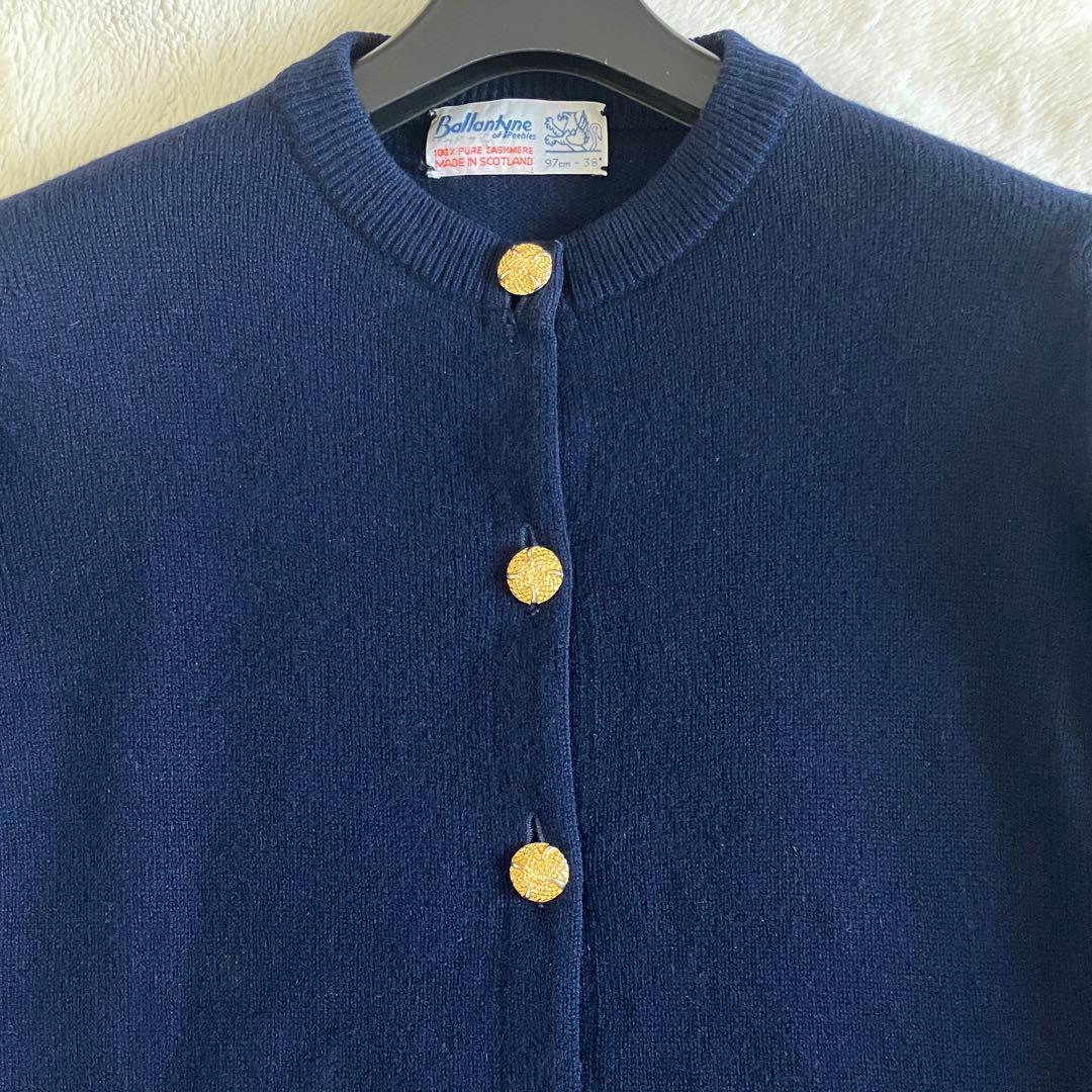 バランタイン カシミヤ100% 金ボタン ニットカーディガン38 ネイビー