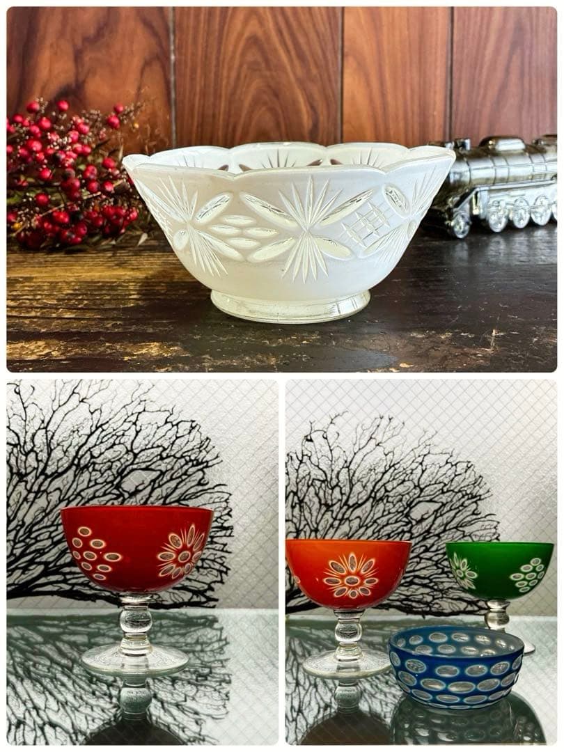 骨董 時代ガラス 超希少 白被せ切子 電笠調 和モダンカット 輪花 氷