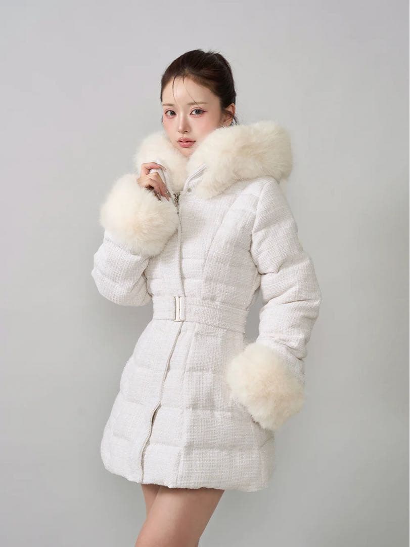 Darich レディミディツイードダウンコート ホワイト Sサイズ レディミディツイードダウンコート（ダウンジャケット/コート