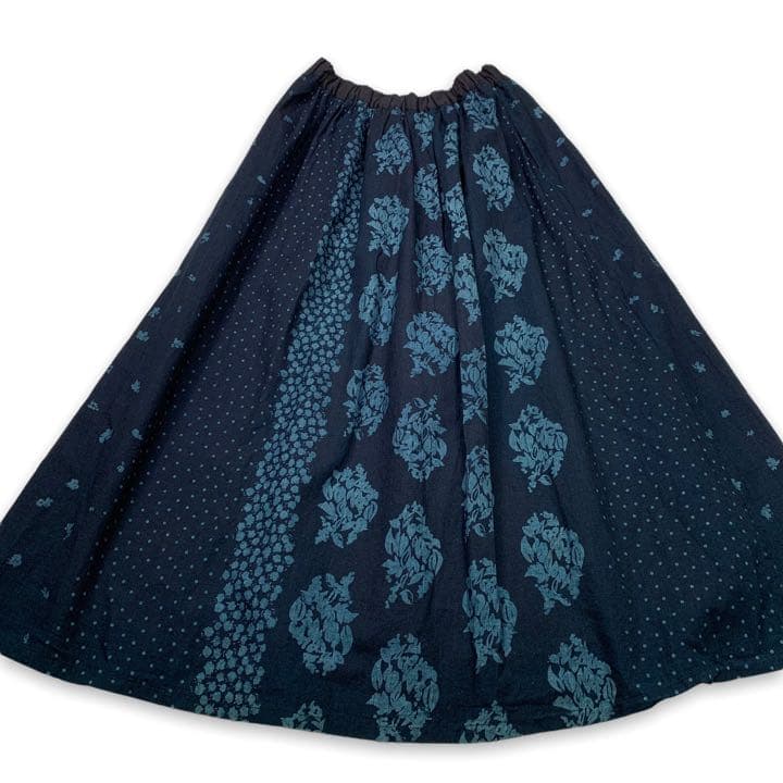 美品】パラスパレス 日本製 花柄藍染め 切り替えギャザーロング