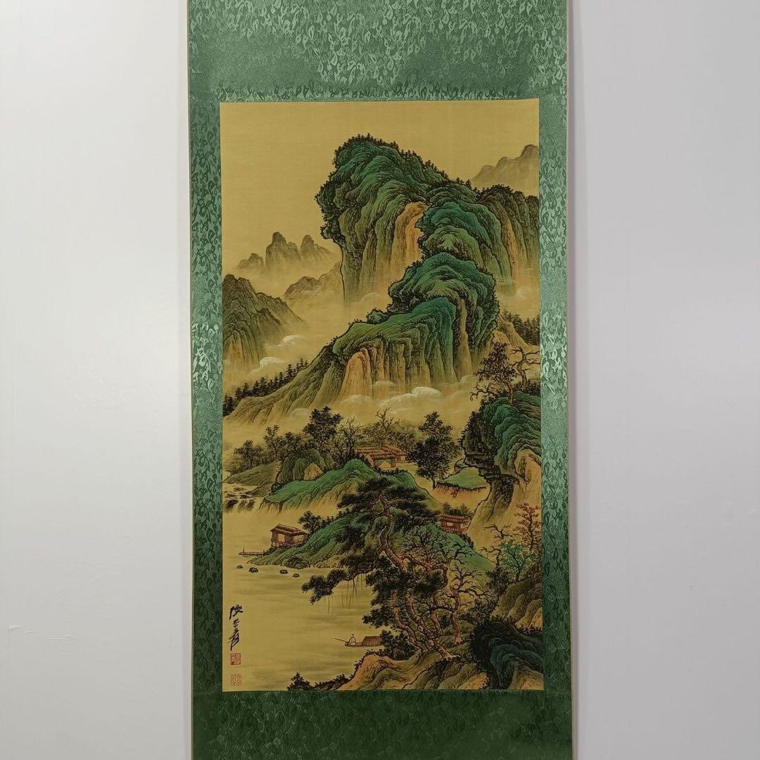 中国画 張大千「青峰雲天」三尺中堂 掛軸 防偽標識付き 約77×175cm 張大千 山水画 掛け軸 中堂 山峦葱茂図 中国画 サイズ：77×175cm