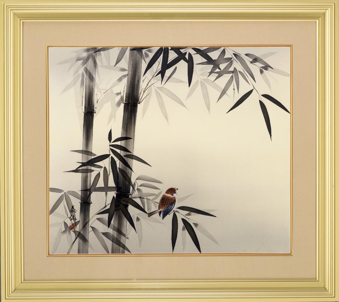 F10　肉筆水彩日本画　『雀』　高級木製額縁付属　外寸約713×638mm h-6088s.jpg