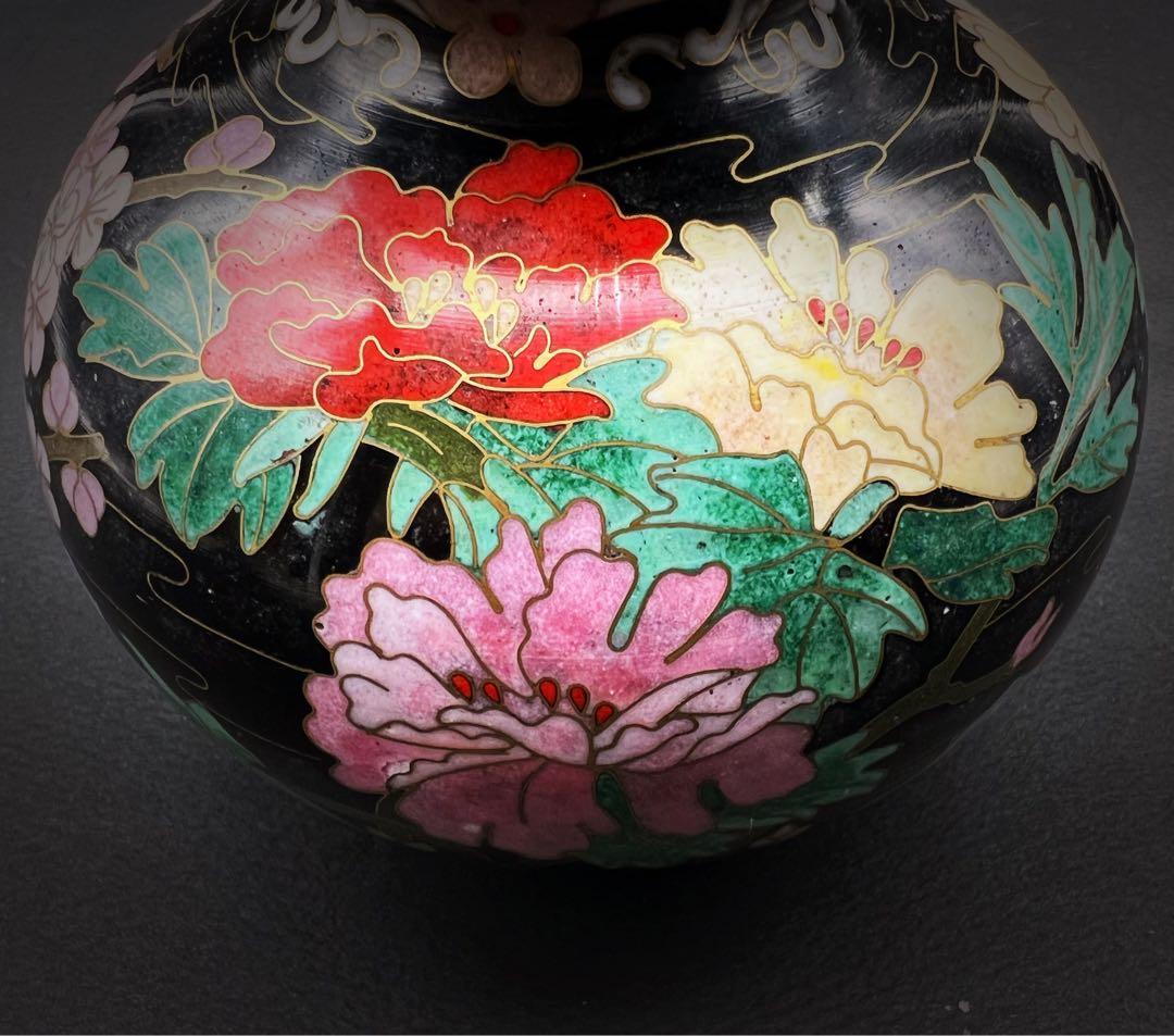 中國美術 古玩 景泰蓝 七宝焼 黒地花鳥蝶々紋様瓢箪 花器 京法造