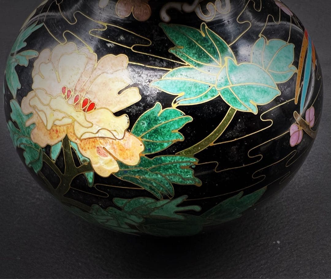 中國美術 古玩 景泰蓝 七宝焼 黒地花鳥蝶々紋様瓢箪 花器 京法造