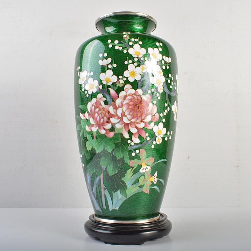 七宝焼 相互七宝造 緑光釉四君子文 七宝花瓶 唐木台付 共箱 D R6973B