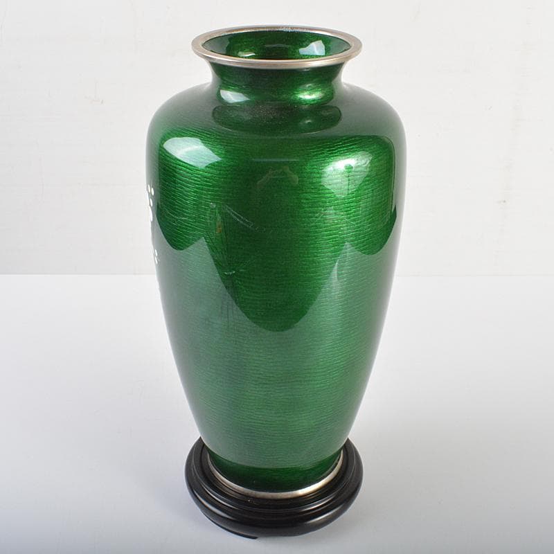 七宝焼 相互七宝造 緑光釉四君子文 七宝花瓶 唐木台付 共箱 D R6973B