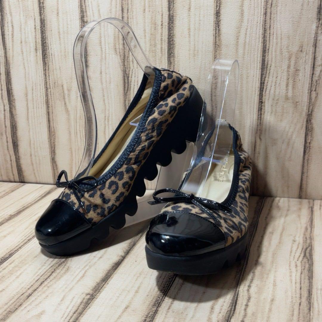 ヒルズアベニュー ウェーブソール 厚底パンプス レオパード柄 黒 23.5