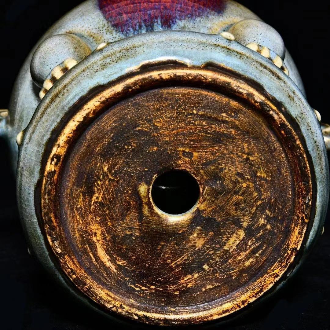 中国古美術・旧蔵の磁器、曜変釉と鎏金で口と双耳香炉・20x28cm