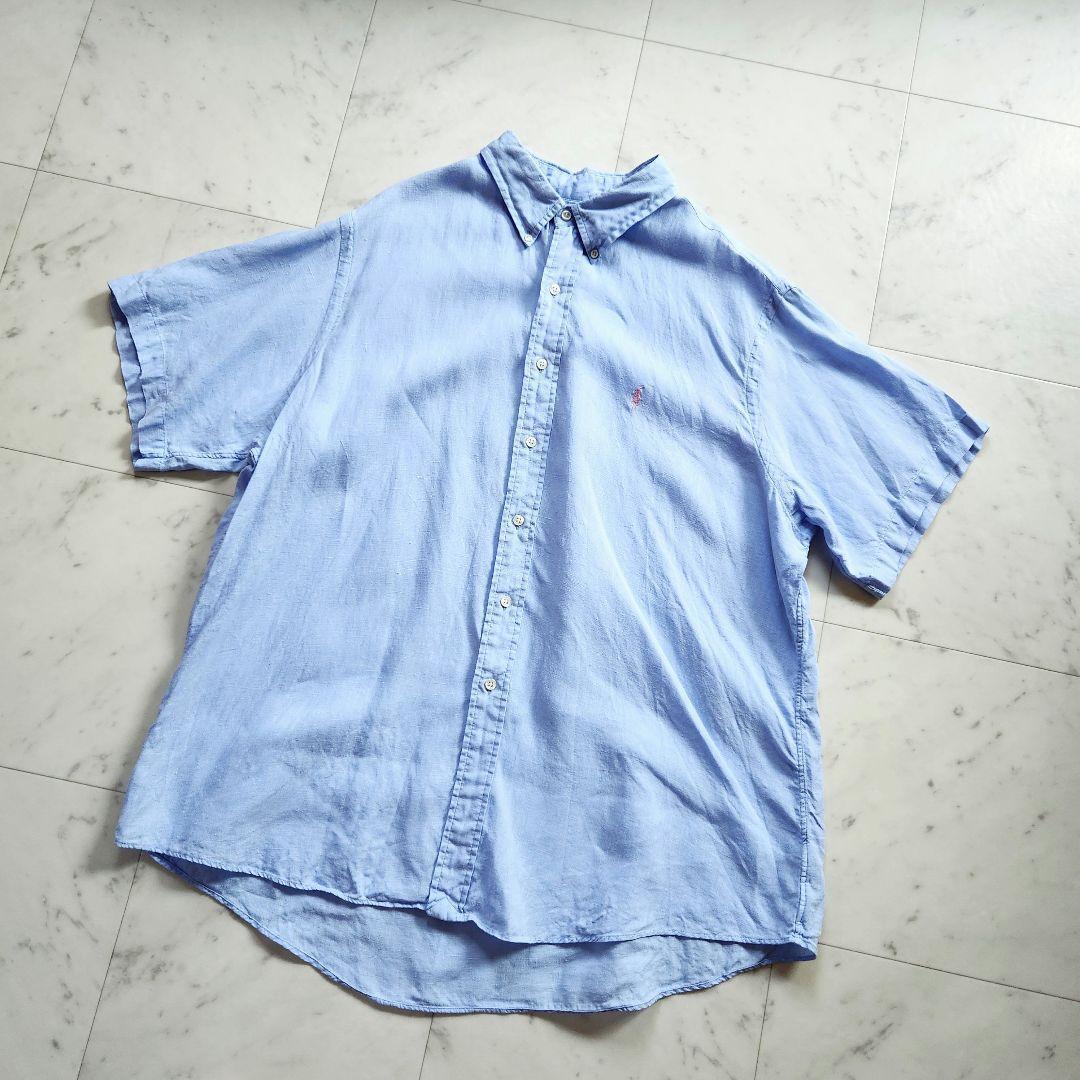 ラルフローレン 麻100% ポニー刺繍 半袖シャツ 水色 ゆったりめ XXL
