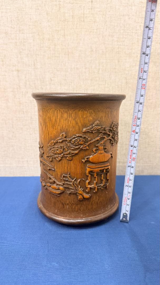 竹彫 花文楼閣図 筆筒型花器　文房具　古美術