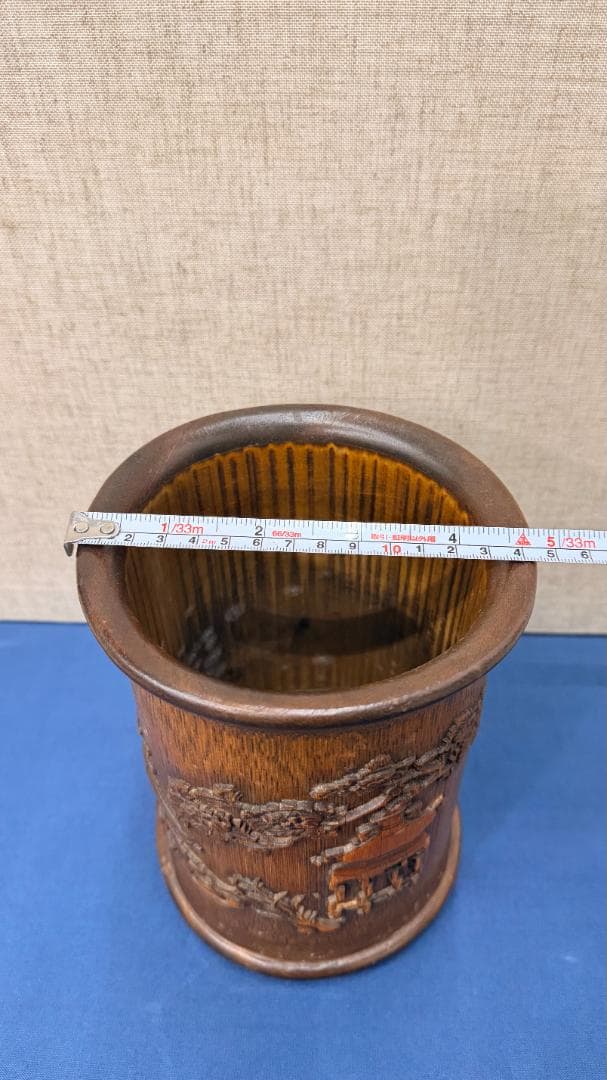 竹彫 花文楼閣図 筆筒型花器　文房具　古美術