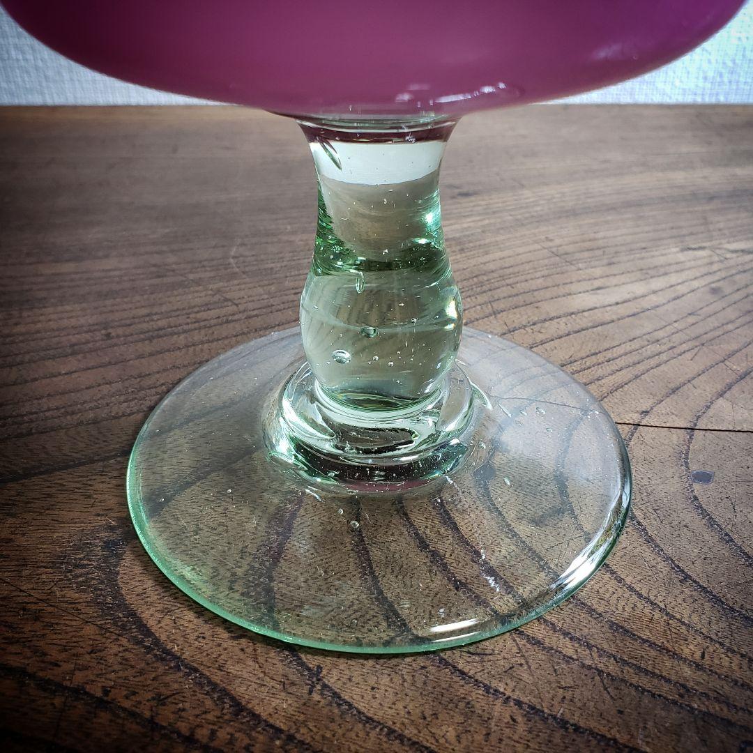 乳白地桃色被し 色ガラス 輪花 コンポート ウランガラス 氷コップ