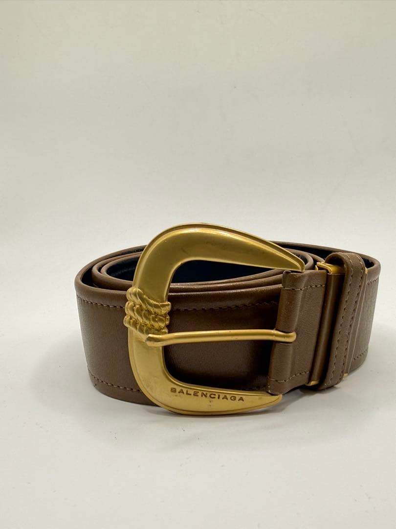 Balenciaga レザーベルト ブラウン ゴールド金具 100cm BALENCIAGA（バレンシアガ） ベルト PRINT LETTERS プリント レター