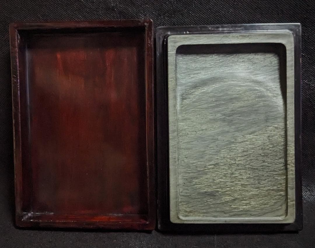 歙州硯 水波羅紋や金暈金星の美石】◇龍尾山◇唐木共箱◇歙硯◇長方六