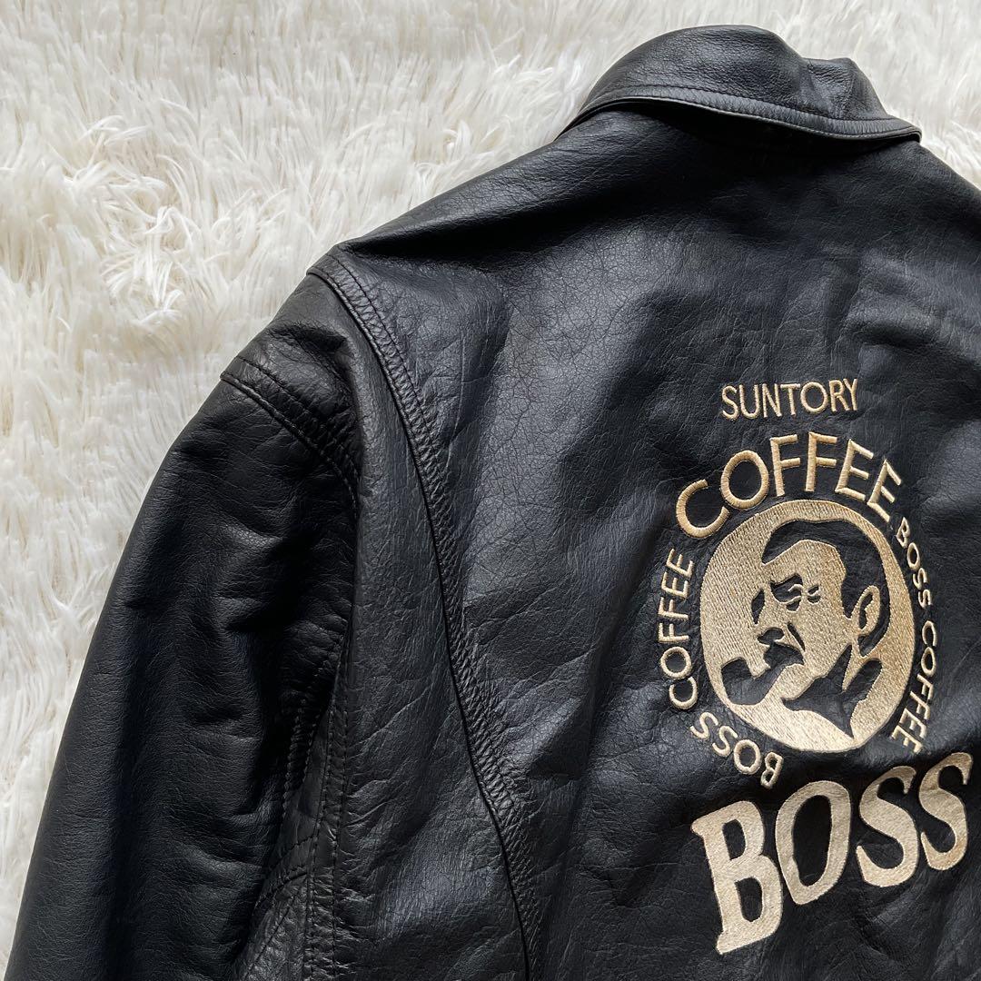90's✨サントリー BOSS レザージャケット 牛革 ワッペン L ブラック
