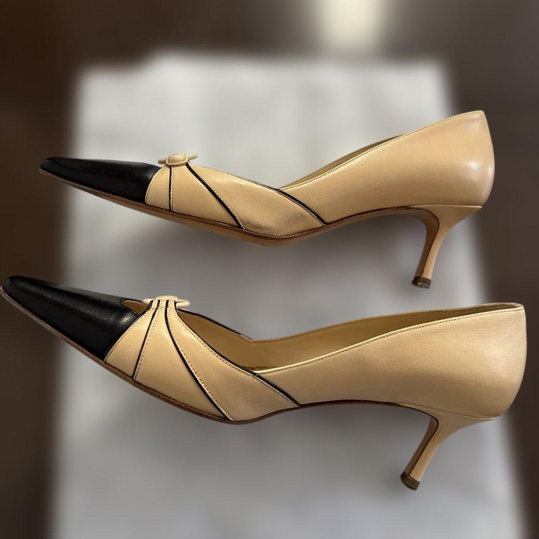 CHANEL ベージュ ブラック バイカラー ポインテッドトゥ パンプス37.5