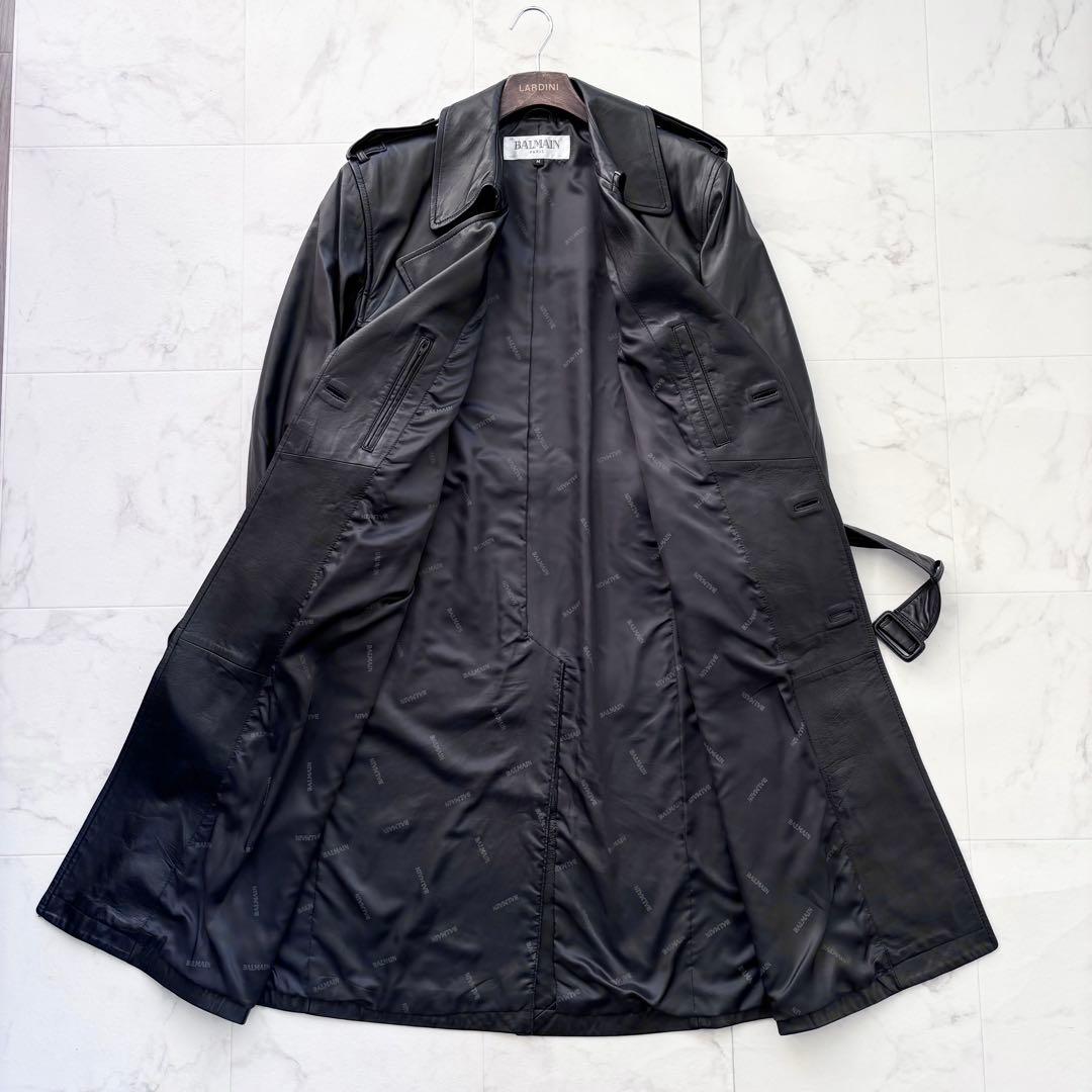 美品 バルマン レザーコート ロング丈 トレンチ ベルト ラムレザー 羊