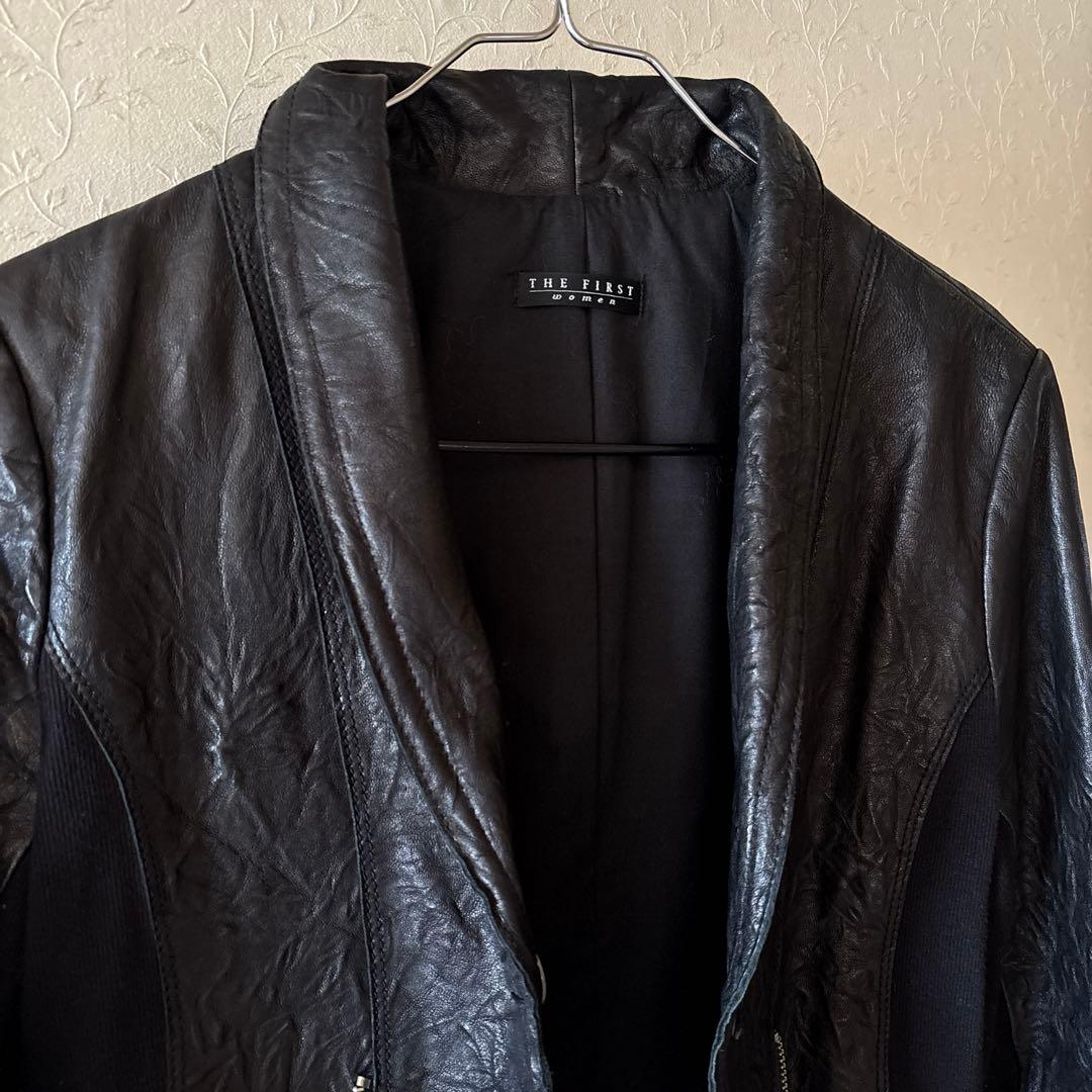 極美品◇THE FIRST◇定価6万円 異素材グレインラムレザージャケット 黒