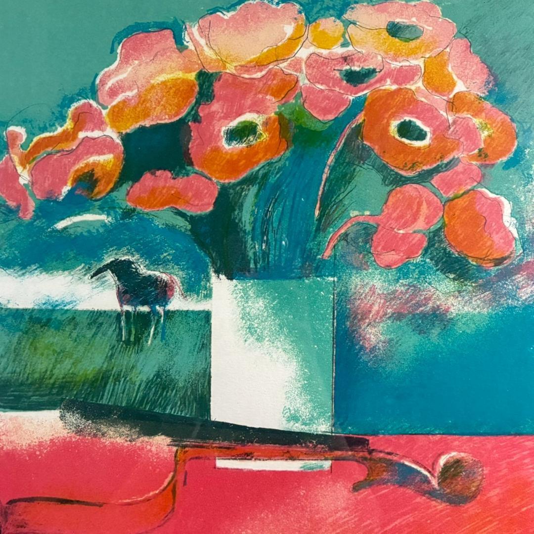 美品 ポール・ギヤマン「赤い花とバイオリンと馬」リトグラフ 直筆