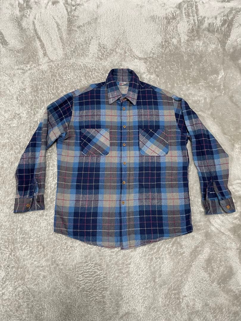 大人気　80s BIG MAC ブルーベース　ネルシャツ L 古着 80s USA製 St John's Bay BIG MAC ブルー × グレー × ブラック