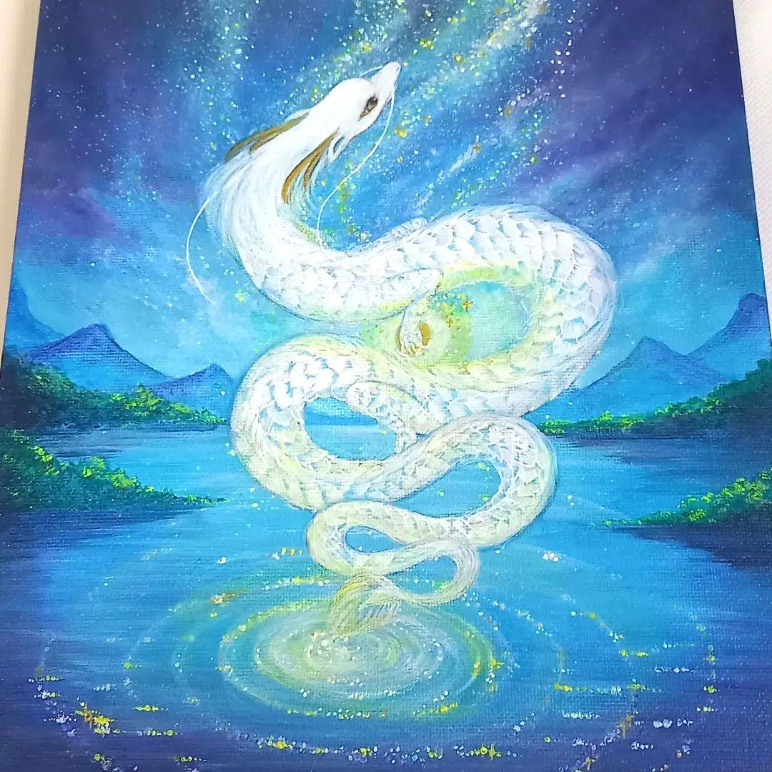 No.480 キャンバスF3 原画 白龍 龍神 開運絵画 アクリル画 龍神絵画