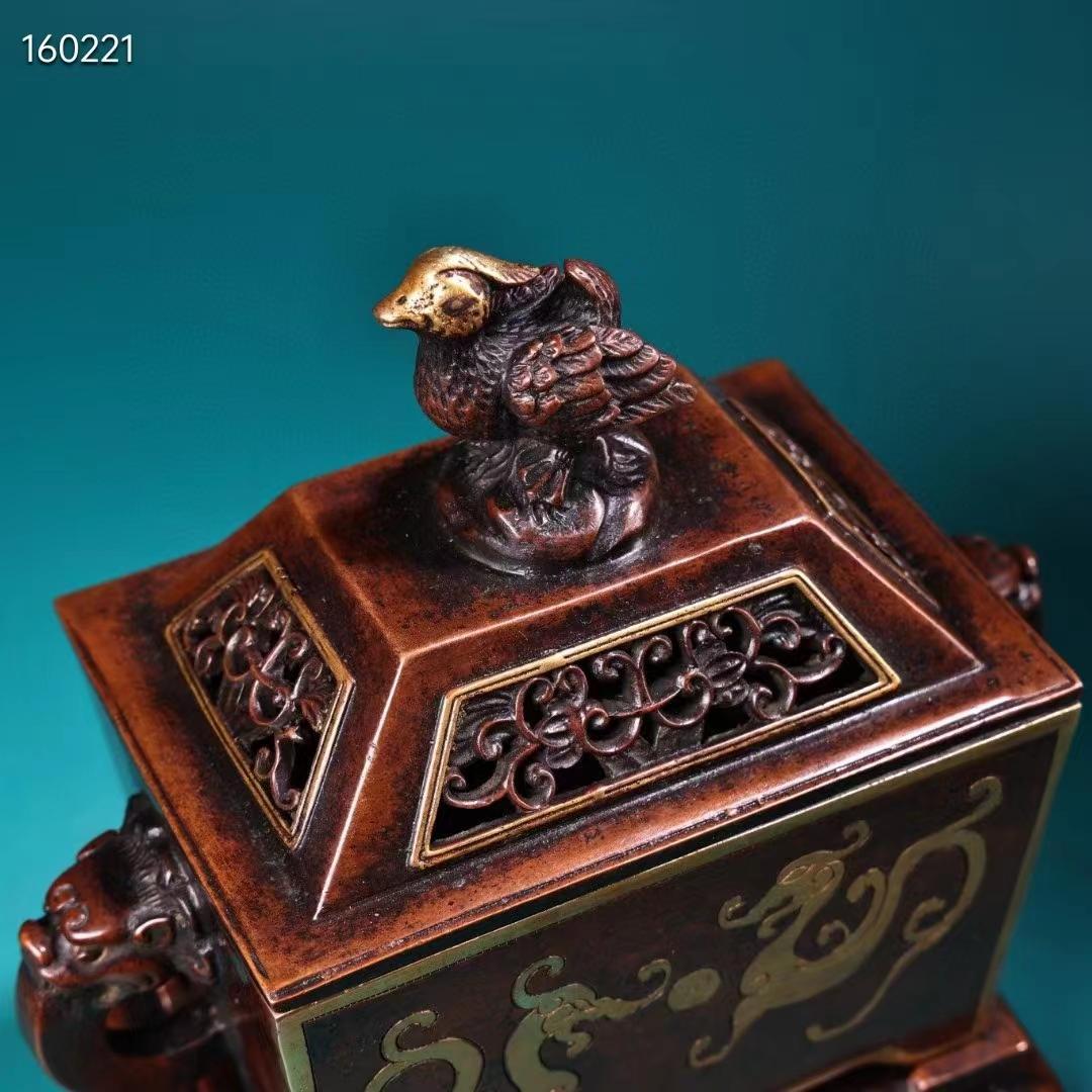 中国古美術・珍蔵·稀少品・紫銅・純手作り・鎏金高浮彫香炉・熏香爐・