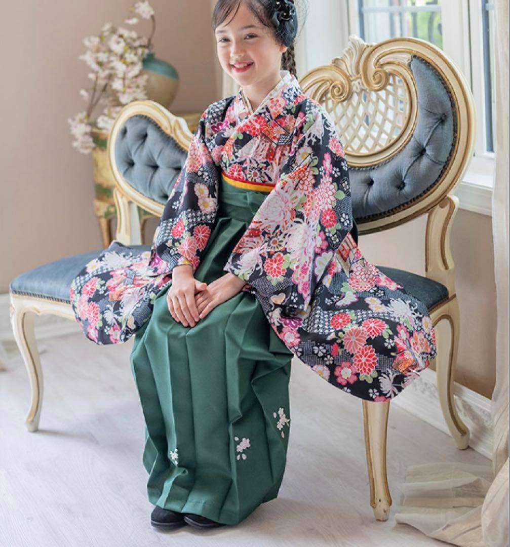 卒業式 キャサリンコテージ袴セット 肌襦袢付き 簡単着付け 華車黒×緑