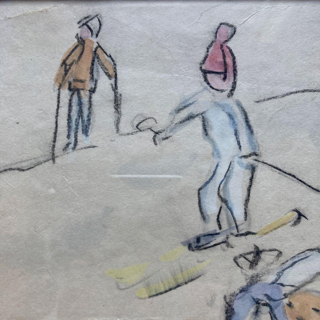 いわさきちひろ「少年スキーヤー」仮題 水彩額41.5×53絵￼25.5×31cm