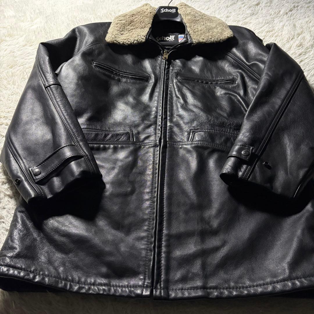 米国製□schott カーコート レザージャケット 本革 襟ボア ブラック 44