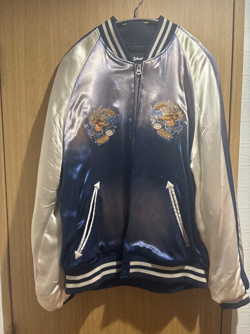 schott スカジャン 青/白刺繍入り