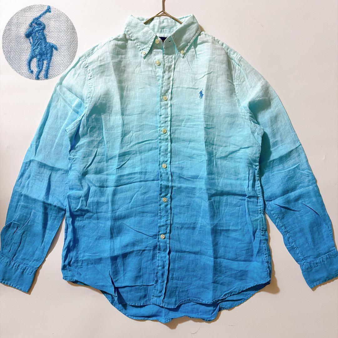 リネン100✨ポロラルフローレン グラデーションシャツ ブルー ポニー