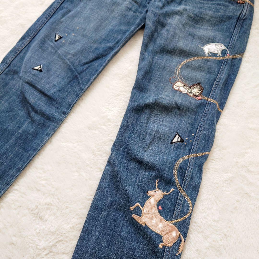 希少 ツモリチサト デニムパンツ 刺繍 動物 ビーズ ビジュー 花柄 筋斗